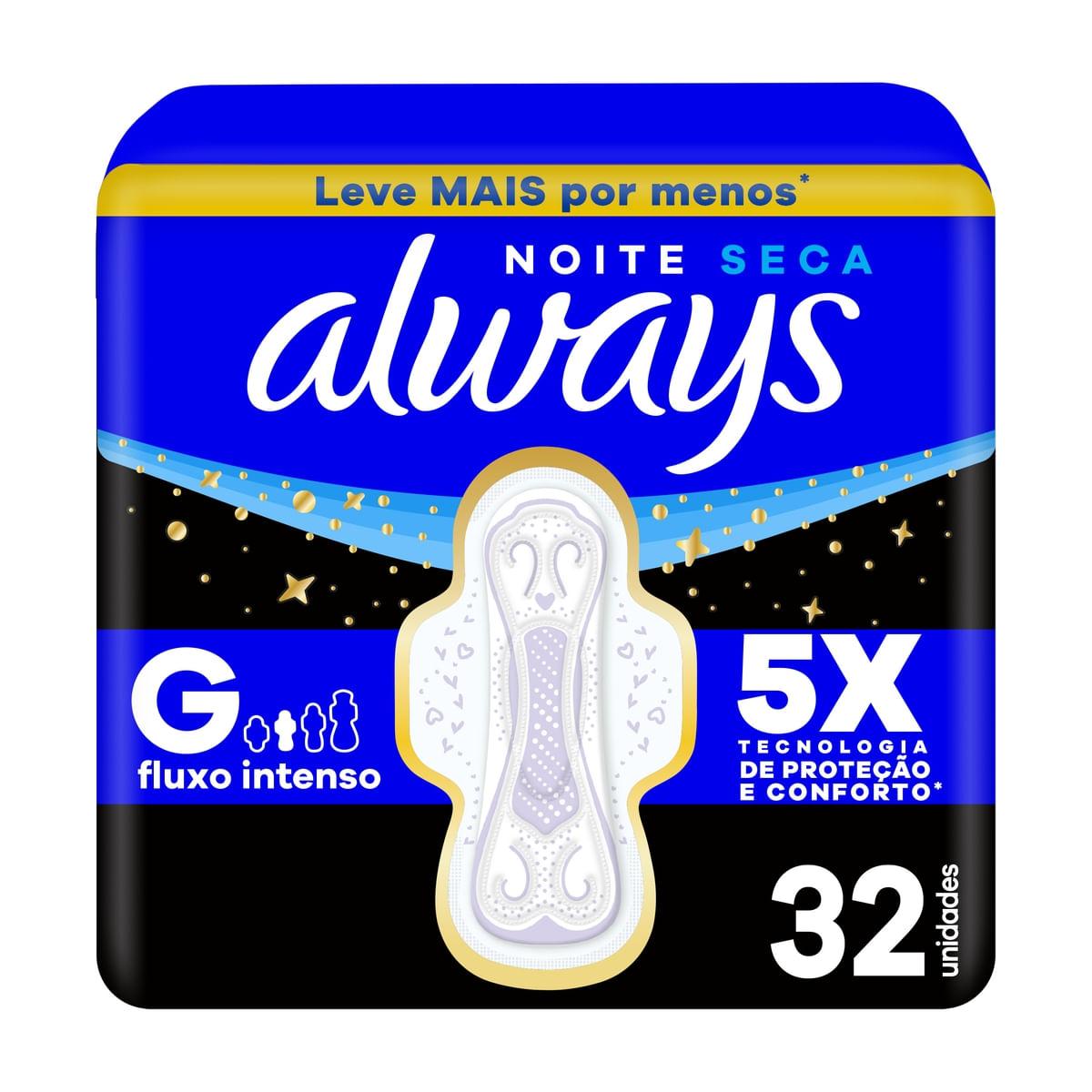 Absorvente Always Noite Seca com Abas Fluxo Intenso 32 Unidades — Always | Drogaria Taveira
