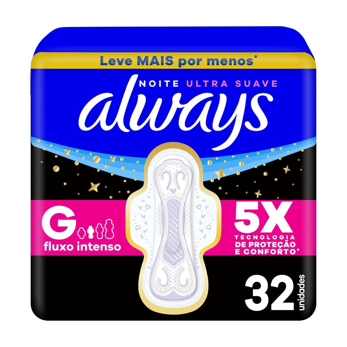 Absorvente Always Noite Ultra Suave com Abas Fluxo Intenso 32 Unidades — Always | Drogaria Taveira