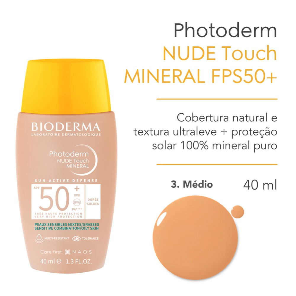 Bioderma Photoderm Nude Touch Mineral Protetor Solar FPS 50+ Cor 3.0 Cobertura Natural e Iluminada 40ml — imagem 2 | Drogaria Taveira