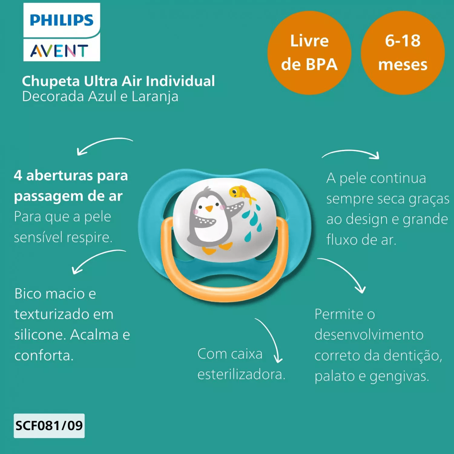 Chupeta Philips Avent Ultra Air de 0 a 6 meses Silicone Azul 1 Unidade — imagem 4 | Drogaria Taveira