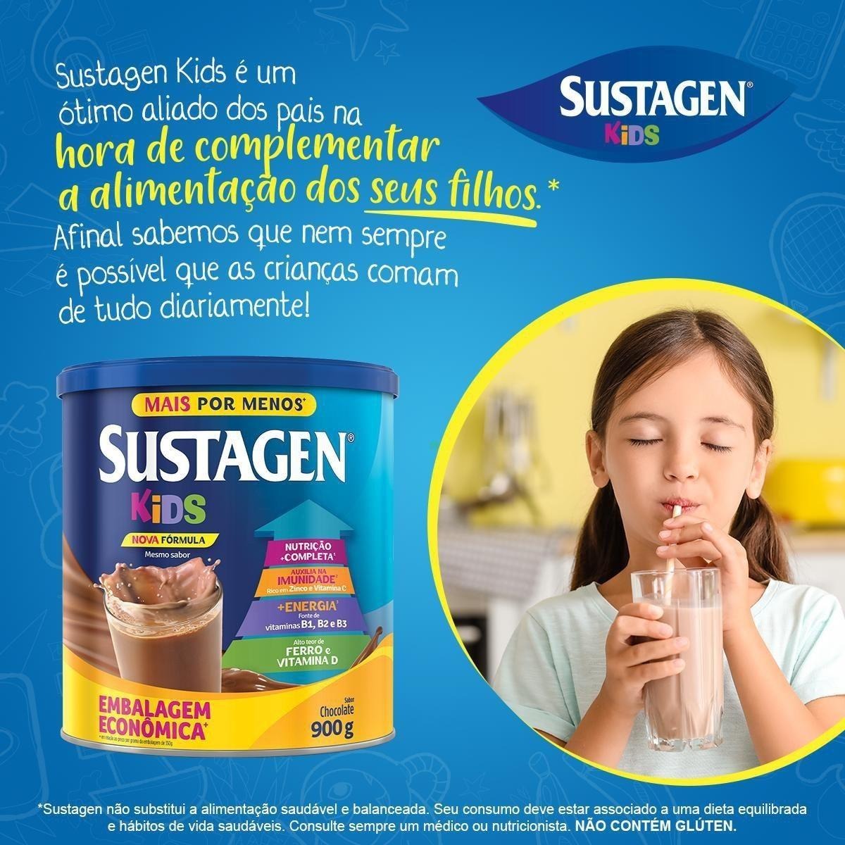 Complemento Alimentar Infantil Sustagen Kids Sabor Chocolate 900g — imagem 3 | Drogaria Taveira