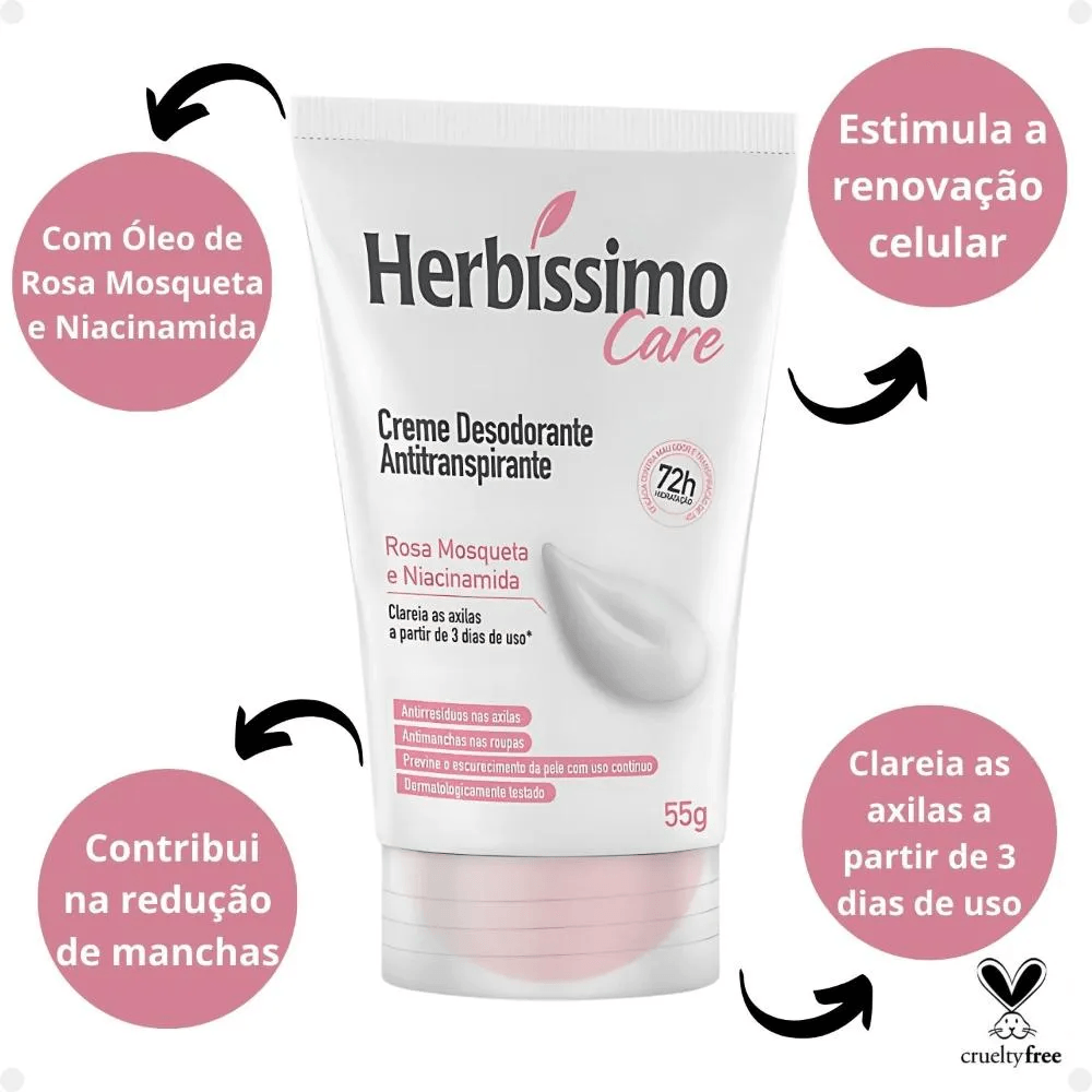 Desodorante Antitranspirante Herbissimo Care Creme Rosa Mosqueta E Niacinamida 55g — imagem 4 | Drogaria Taveira