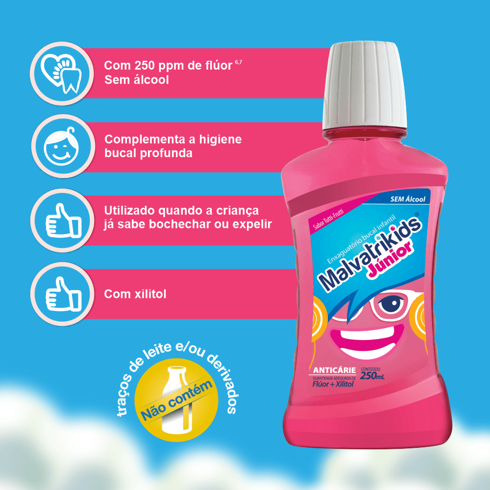 Enxaguante Bucal Infantil Malvatrikids Júnior Flúor Xilitol Zero Álcool Sabor Tutti Frutti 250ml — imagem 3 | Drogaria Taveira