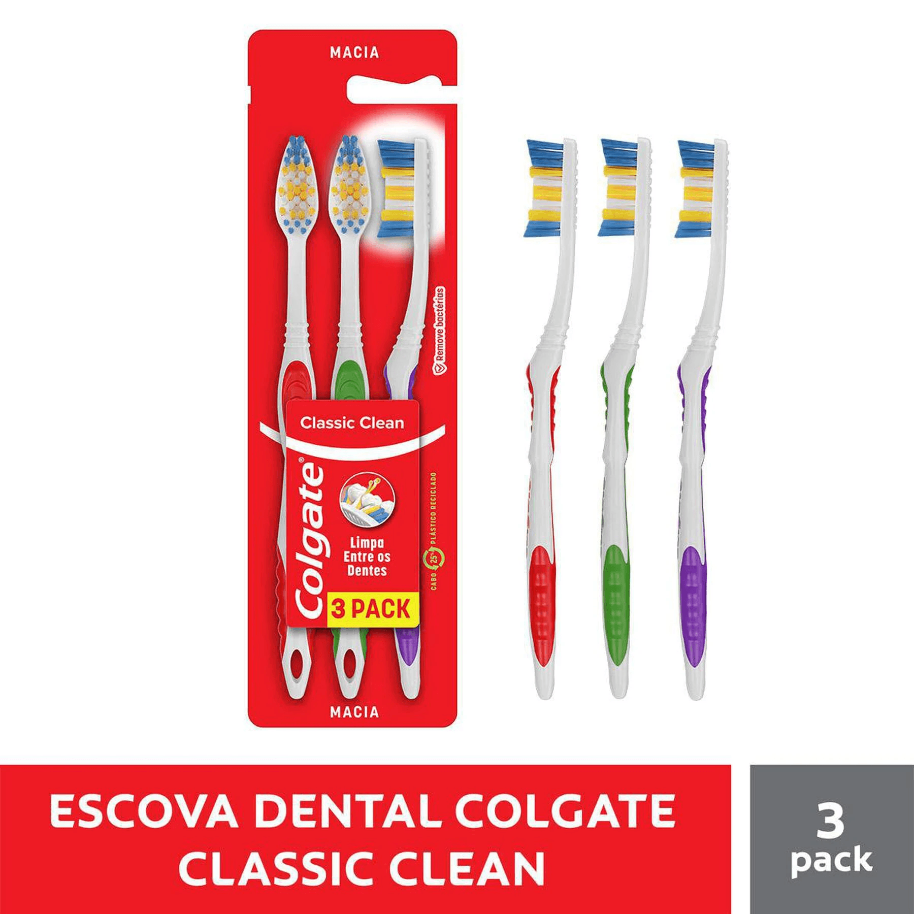 Escova Dental Colgate Classic Clean Cerdas Macia Cores Sortidas 3 Unidades — imagem 2 | Drogaria Taveira