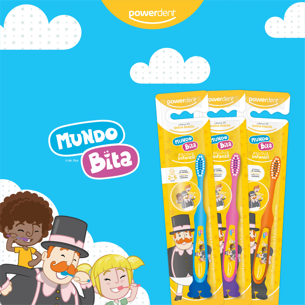 Escova Dental Infantil Powerdent Mundo Bita Extra Macia 2 a 5 anos 1 Unidade + protetor de cerdas — imagem 3 | Drogaria Taveira