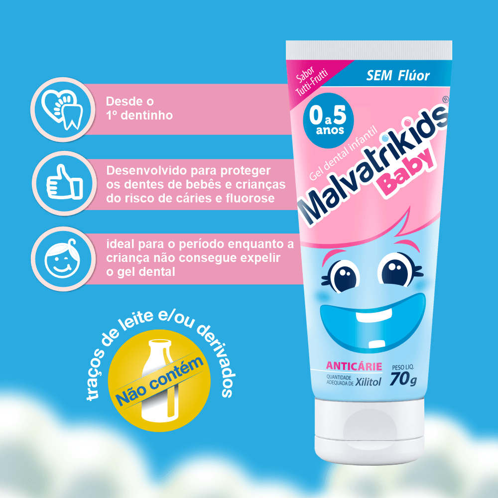 Gel Dental Infantil Malvatrikids Baby Anticáries Sem Flúor Xilitol Sabor Tutti Frutti 70g — imagem 2 | Drogaria Taveira