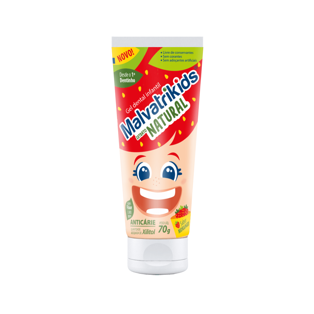 Gel Dental Infantil Malvatrikids Extrato Natural Anticáries Flúor Xilitol Sabor Morango 70g — Malvatrikids | Drogaria Taveira