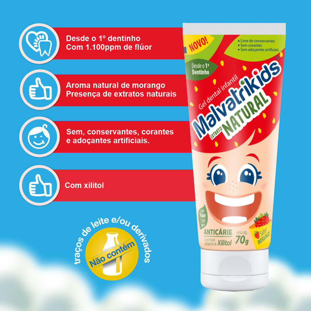 Gel Dental Infantil Malvatrikids Extrato Natural Anticáries Flúor Xilitol Sabor Morango 70g — imagem 2 | Drogaria Taveira