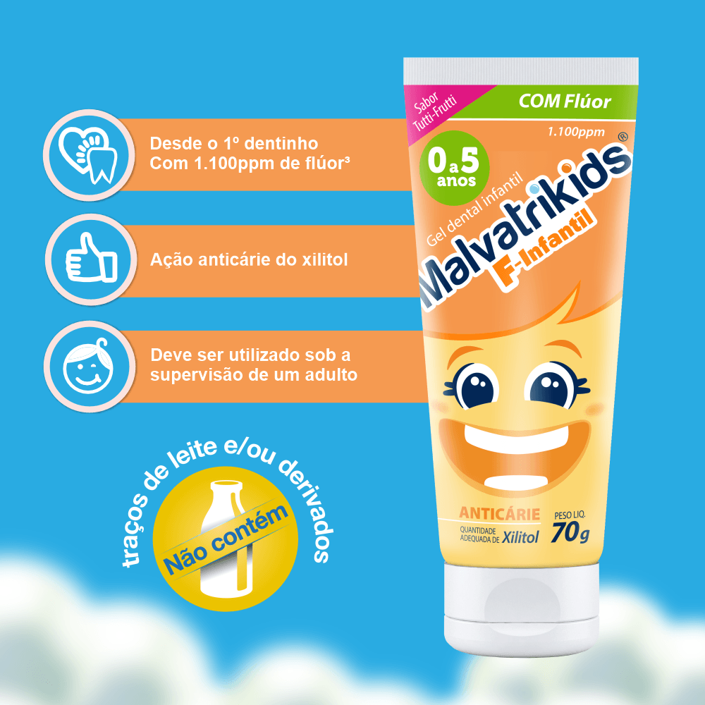 Gel Dental Infantil Malvatrikids F-Infantil Anticáries Flúor Xilitol Sabor Tutti Frutti 70g — imagem 2 | Drogaria Taveira