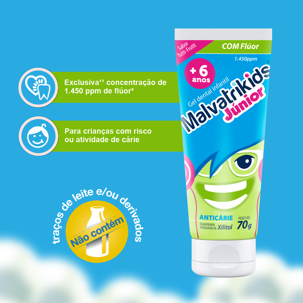 Gel Dental Infantil Malvatrikids Júnior Anticáries Flúor Xilitol Sabor Tutti Frutti 70g — imagem 2 | Drogaria Taveira