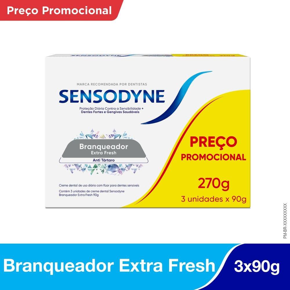 Kit Creme Dental Sensodyne Branqueador Extra Fresh Anti Tártaro para Dentes Sensíveis 90g 3 Unidades — Sensodyne | Drogaria Taveira