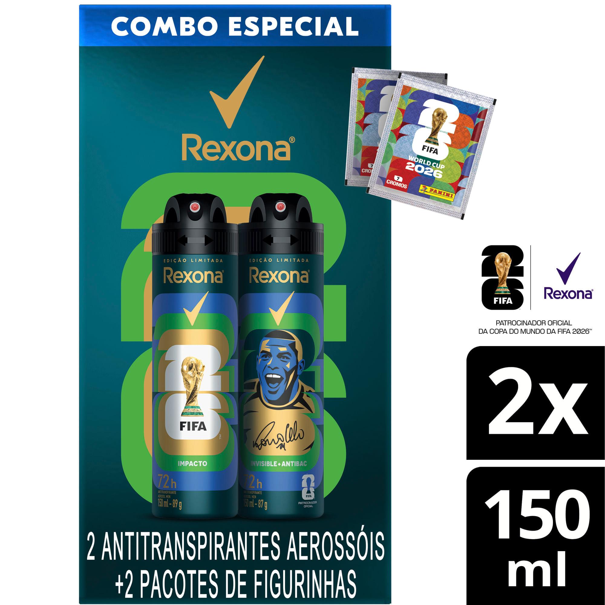 Kit Desodorante Antitranspirante Aerossol Rexona Men Fifa 26 Impacto 150ml + Invisible Antibac 150ml + 2 Pacotes De Figurinhas — Rexona | Drogaria Taveira