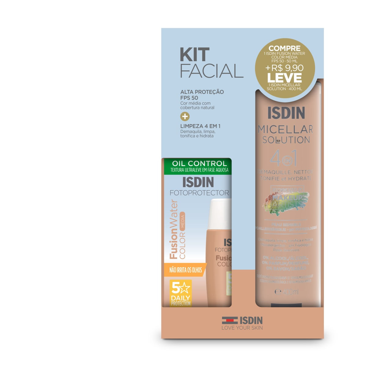 Kit Facial Isdin Fusion Water Color Cor Média Protetor Solar Facial 50ml + Micellar 400ml — Isdin | Drogaria Taveira