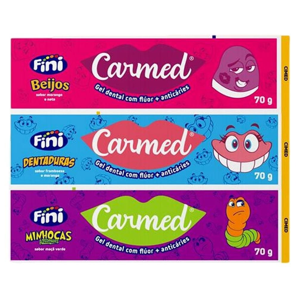 Kit Gel Dental Infantil Carmed Fini Minhocas Azedinhas Maçã-Verde + Dentaduras Framboesa E Morango + Beijos Morango E Nata Anticáries Com Flúor 70g — Carmed | Drogaria Taveira
