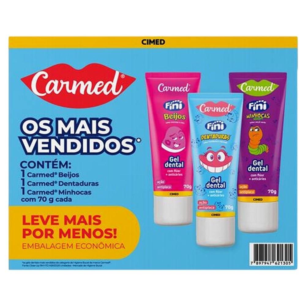 Kit Gel Dental Infantil Carmed Fini Minhocas Azedinhas Maçã-Verde + Dentaduras Framboesa E Morango + Beijos Morango E Nata Anticáries Com Flúor 70g — imagem 2 | Drogaria Taveira