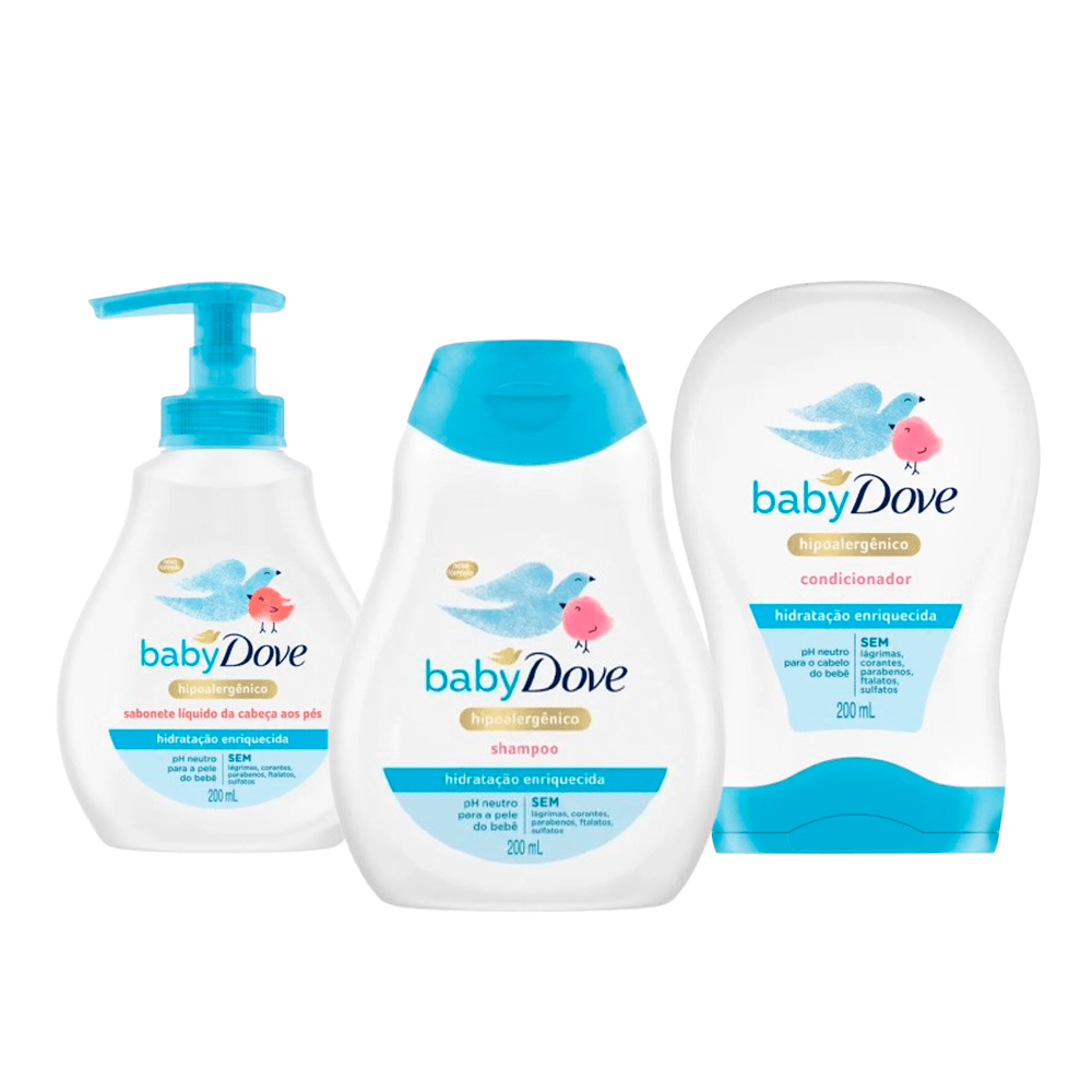 Kit Infantil Dove Hidratação Sabonete Líquido 200ml + Shampoo 200ml + Condicionador 200ml — Dove | Drogaria Taveira