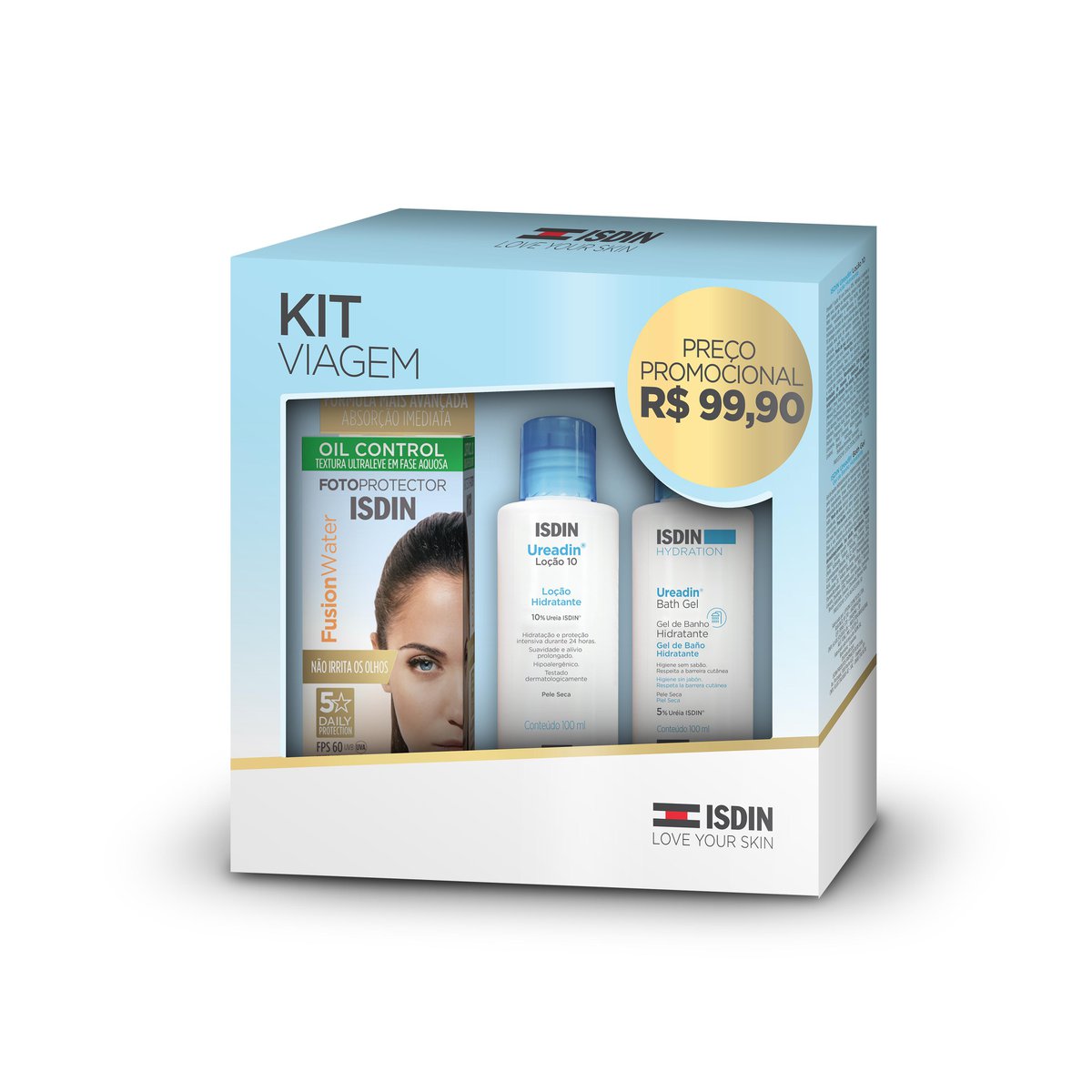 Kit ISDIN Protetor Solar Facial Fusion Water FPS60 30ml 1 Uni + Loção Hidratante Ureadin 10 100ml 1 Uni + Gel de Banho Ureadin 100ml — imagem 2 | Drogaria Taveira