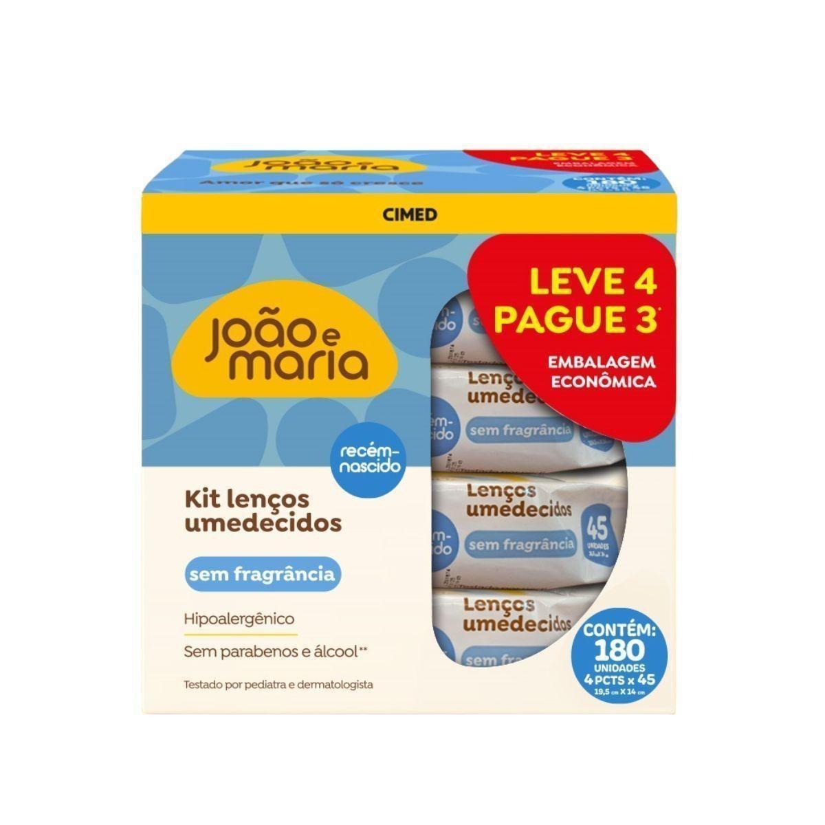 Kit Lenço Umedecido João E Maria Recém-Nascido Sem Fragrância Com Glicerina E Aloe Vera 4 Un Com 45 Folhas Cada Leve 4 Pague 3 Unidades — João e Maria | Drogaria Taveira