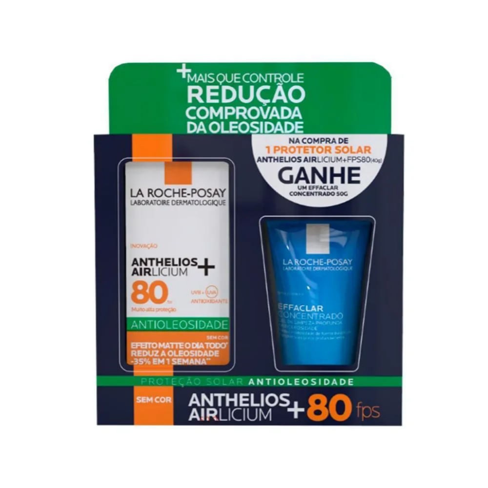 Kit Protetor Solar Facial La Roche-Posay Anthelios Airlicium+ FPS80 40g 1 Unidade + Gel de Limpeza Effaclar Concentrado 50g 1 Unidade — La Roche-Posay | Drogaria Taveira