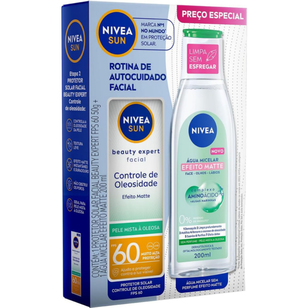 Kit Protetor Solar Facial Nivea Sun UV Face FPS60 Controle de Oleosidade Pele Mista a Oleosa 50g 1 Unidade + Água Micelar Efeito Matte 200ml 1 Unidade — imagem 2 | Drogaria Taveira