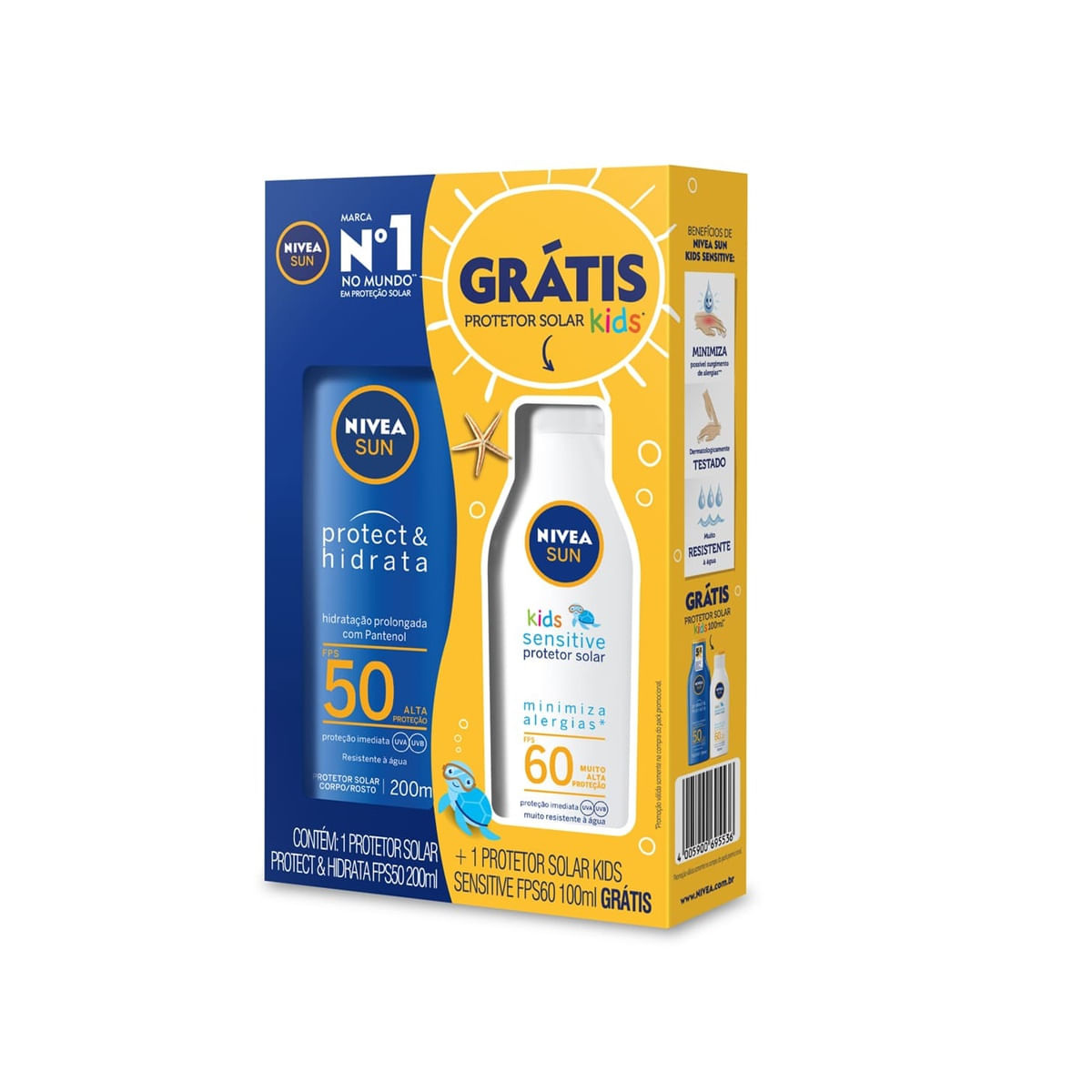Kit Protetor Solar Nivea Sun Protect & Hidrata FPS50 200ml 1 Unidade + Protetor Solar Nivea Sun Kids Sensitive FPS60 100ml 1 Unidade — Nivea | Drogaria Taveira