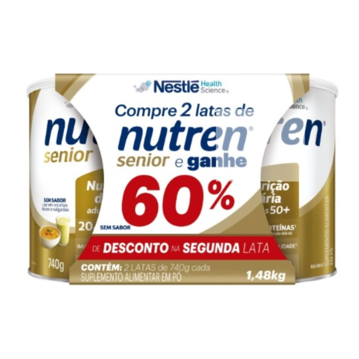 Kit Suplemento Alimentar Pó Nutren Senior Sem Sabor 1,48kg 2 Unidades 60% De Desconto Na Segunda Lata — Nutren | Drogaria Taveira