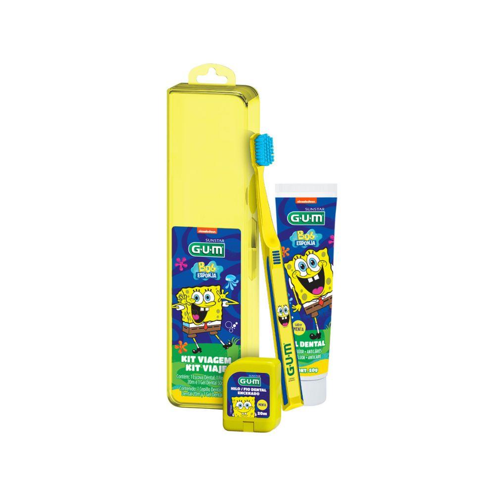 Kit Viagem Bob Esponja Escova Dental Infantil GUM Macia 1 Uni + 1 Fio Dental  Sabor Menta 20m 1 Uni + 1 Gel Dental Flúor Sabor Menta 50g 1 Uni — Gum | Drogaria Taveira