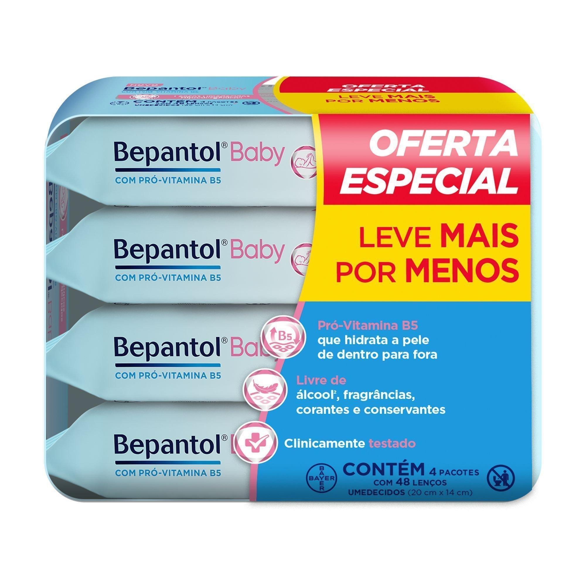 Lenços Umedecidos Bepantol Baby Sem Fragrância Hipoalergênico com Pró-Vitamina B5 48 Unidades 4 pacotes Leve 4 Pague 3 — Bepantol | Drogaria Taveira
