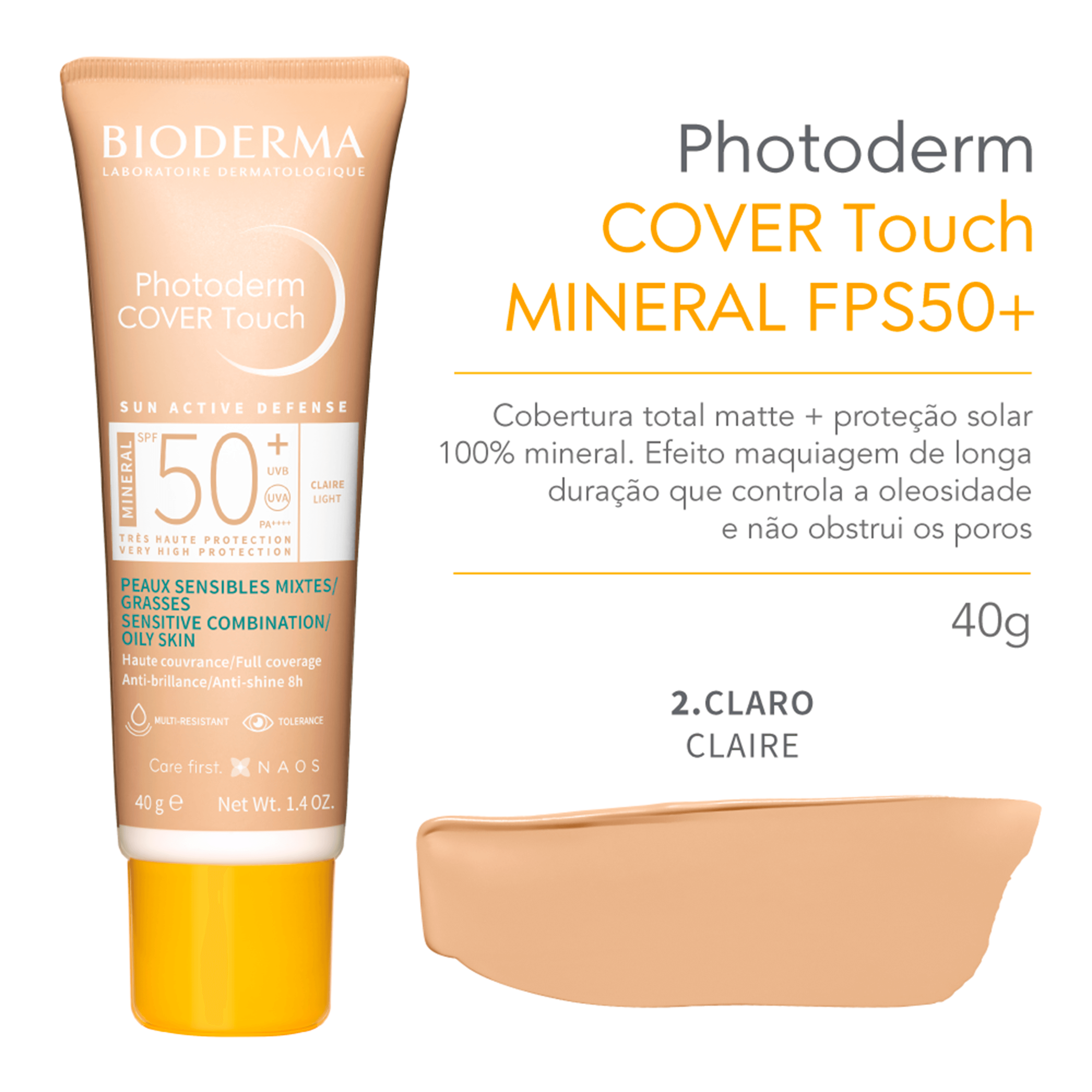 Protetor Solar Facial Bioderma Photoderm Cover Touch Mineral FPS 50+ Cor 2.0 Claro 40ml — imagem 2 | Drogaria Taveira