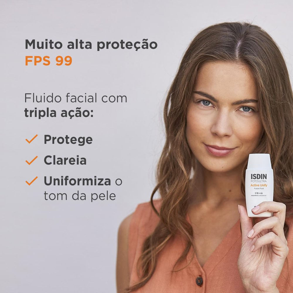 Protetor Solar Facial ISDIN Active Unify FPS99 Fusion Fluid Sem Cor 50ml — imagem 4 | Drogaria Taveira