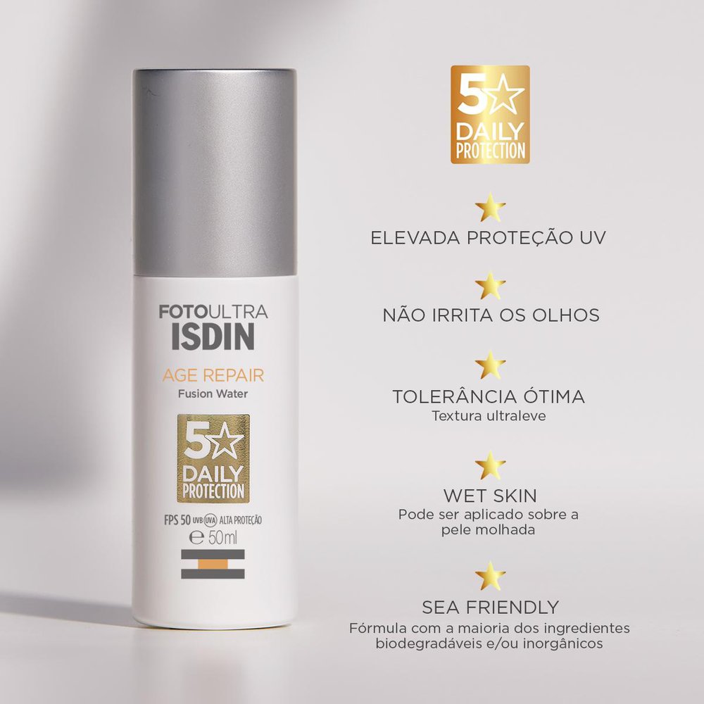 Protetor Solar Facial ISDIN Age Repair Fusion Water FPS50 50ml — imagem 4 | Drogaria Taveira