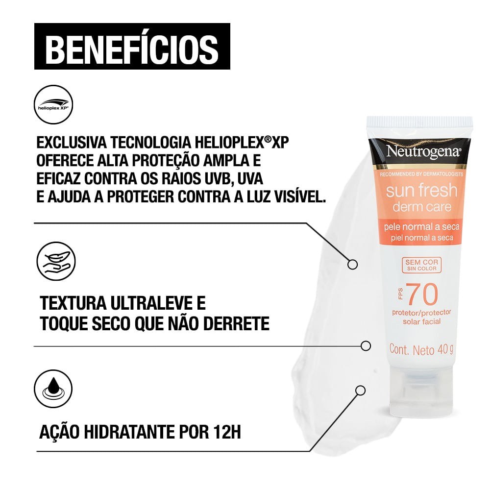Protetor Solar Facial Neutrogena Sun Fresh Derm Care FPS70 Pele Normal a Seca Sem Cor 40g — imagem 3 | Drogaria Taveira