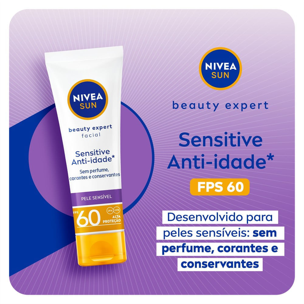 Protetor Solar Facial Nivea Sun Beauty Expert Sensitive FPS50 Anti-idade Sem Perfume 50g — imagem 3 | Drogaria Taveira
