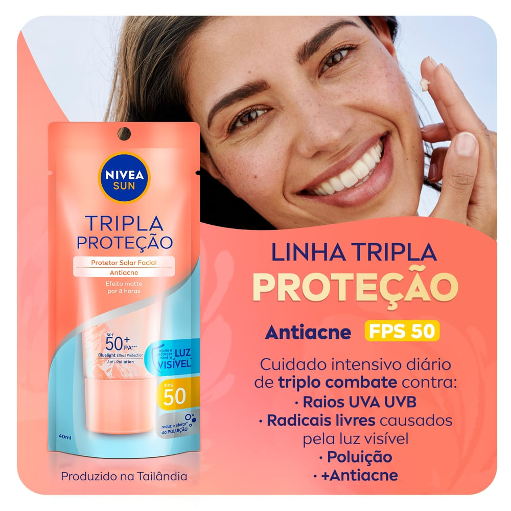 Protetor Solar Facial Nivea Sun Tripla Proteção FPS50 Antiacne 40ml — imagem 3 | Drogaria Taveira