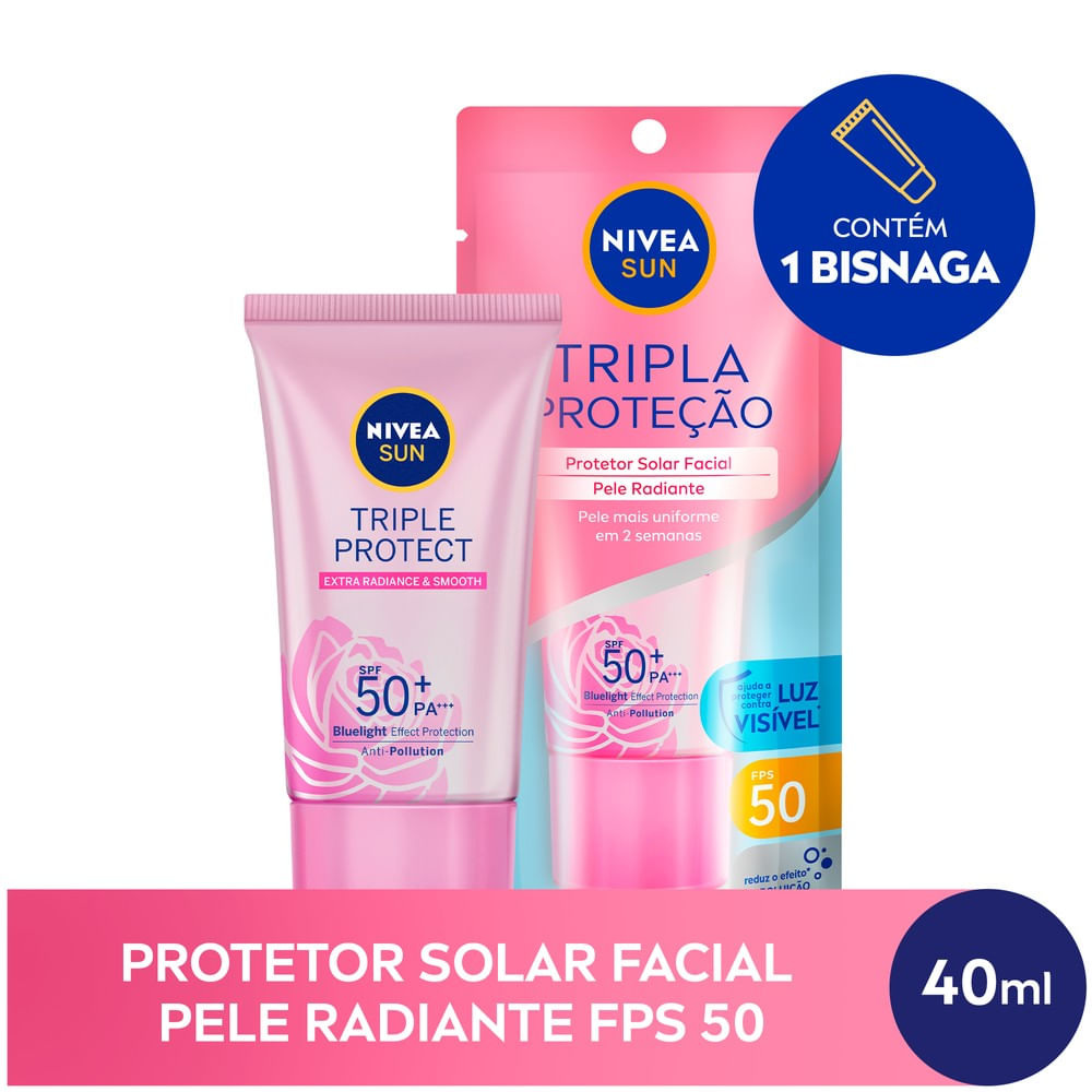 Protetor Solar Facial Nivea Sun Tripla Proteção FPS50 Pele Radiante 40ml — imagem 2 | Drogaria Taveira