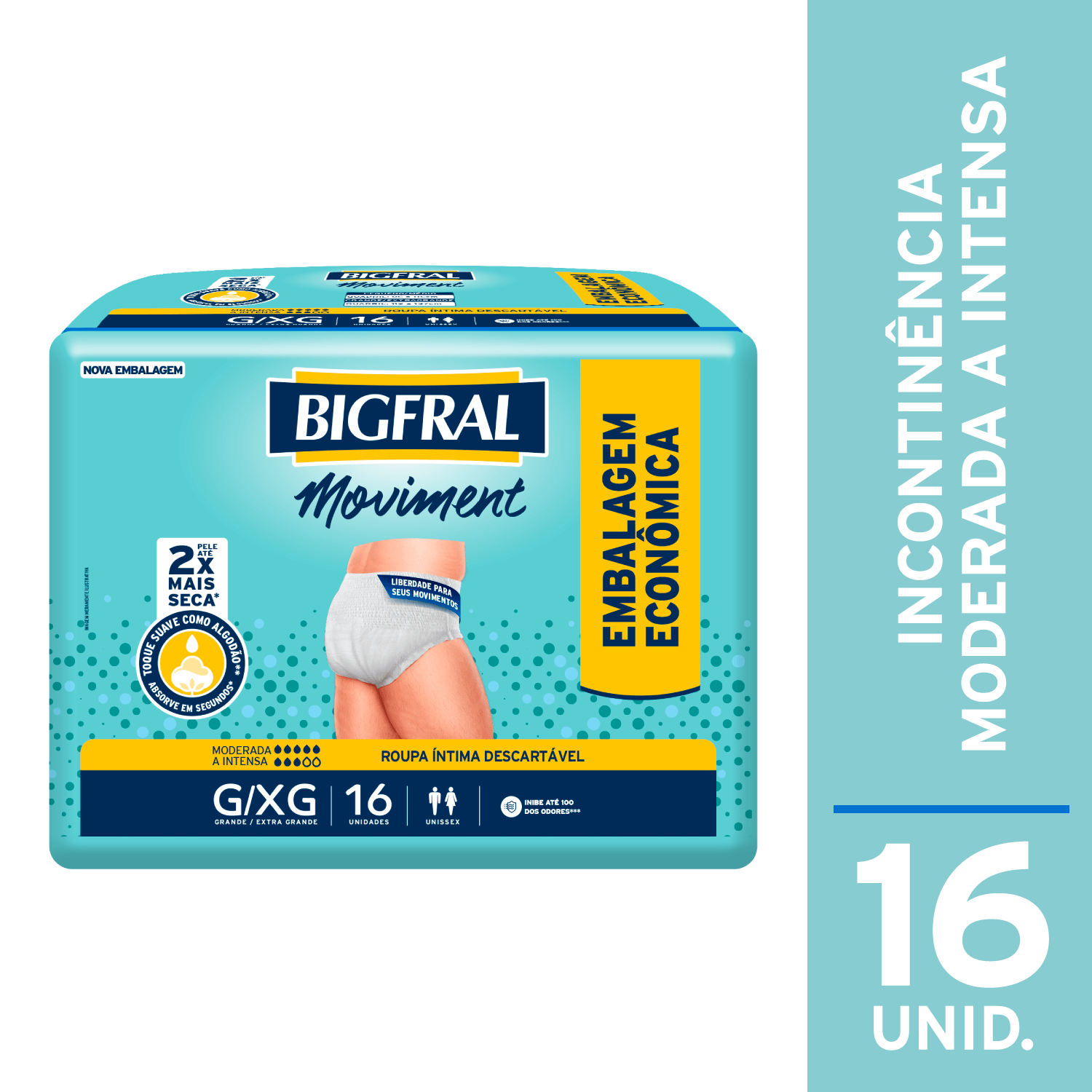 Roupa Íntima Descartável Bigfral Moviment Incontinência Urinária Moderada a Intensa G/XG 16 Unidades — Bigfral | Drogaria Taveira