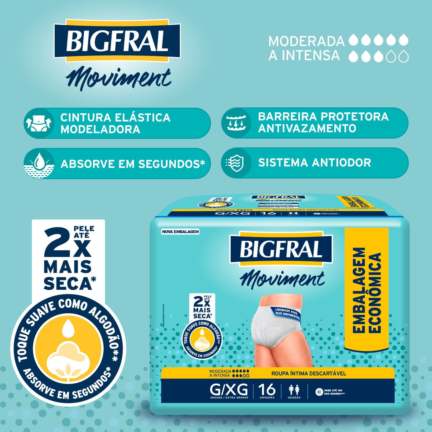 Roupa Íntima Descartável Bigfral Moviment Incontinência Urinária Moderada a Intensa G/XG 16 Unidades — imagem 3 | Drogaria Taveira