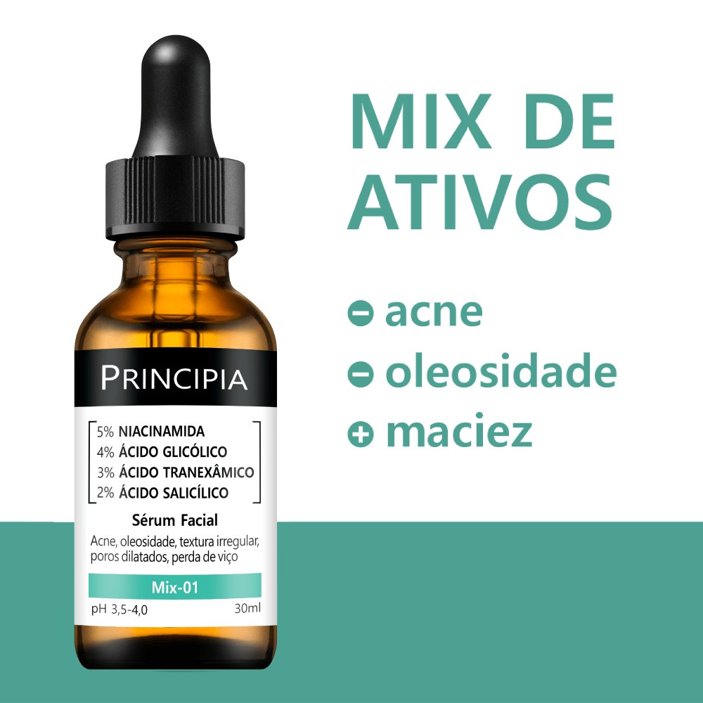 Sérum Facial Principia Mix-01 com Niacinamida 5% Ácido Glicólico 4% Ácido Tranexâmico 3% Ácido Salicílico 2% 30ml — imagem 4 | Drogaria Taveira